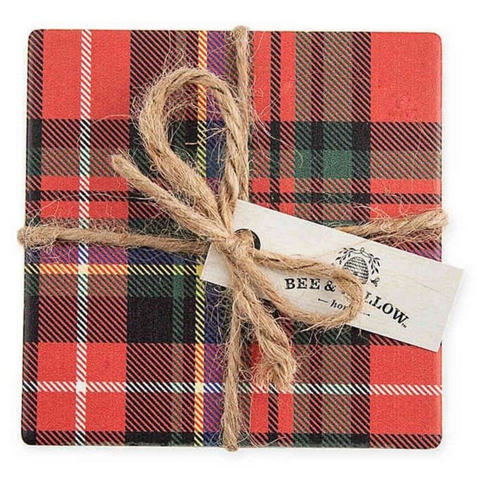 Bee & Willow Tartan Plaid Beverage Coasters Red Set of 4 Cork Bottom Christmas